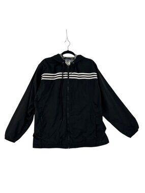 VTG Adidas Track Jacket Women's XL Black With 3 White Stripes Full Zip Hooded